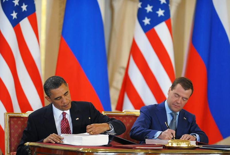 President Obama and Russian President Dmitry Medvedev sign the START treaty in Prague